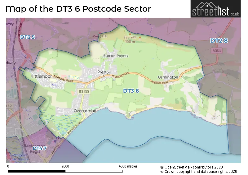 Map of the DT3 6 and surrounding postcode sector