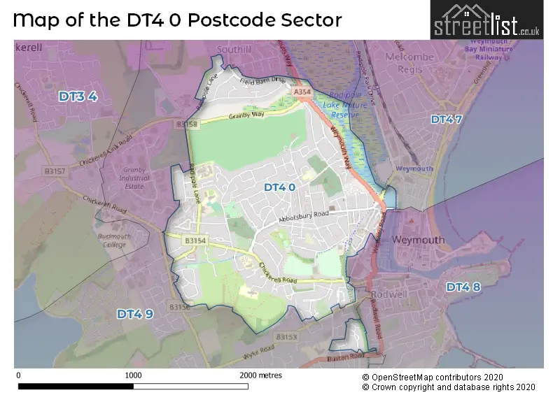 Map of the DT4 0 and surrounding postcode sector