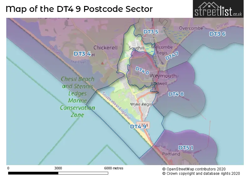 Map of the DT4 9 and surrounding postcode sector