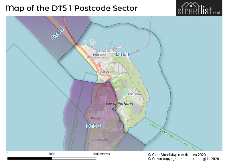 Map of the DT5 1 and surrounding postcode sector