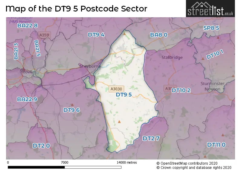 Map of the DT9 5 and surrounding postcode sector