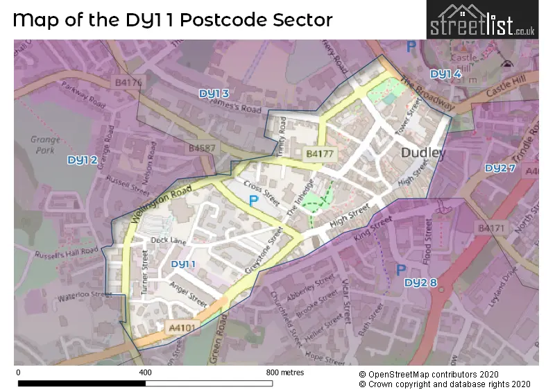 Map of the DY1 1 and surrounding postcode sector