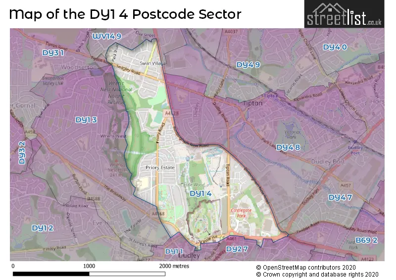 Map of the DY1 4 and surrounding postcode sector
