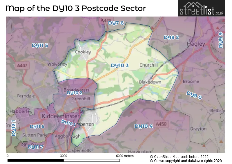 Map of the DY10 3 and surrounding postcode sector