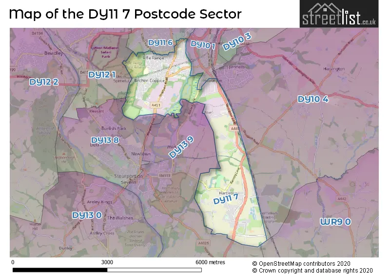 Map of the DY11 7 and surrounding postcode sector