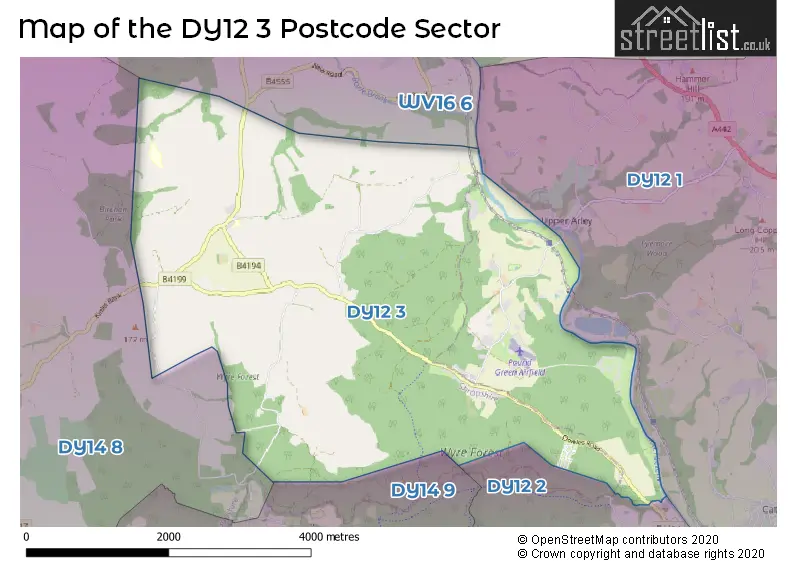 Map of the DY12 3 and surrounding postcode sector