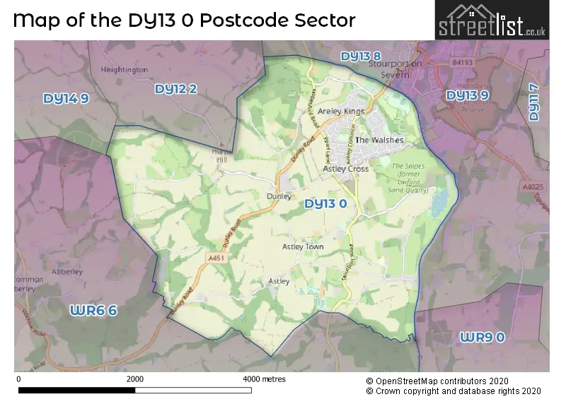 Map of the DY13 0 and surrounding postcode sector