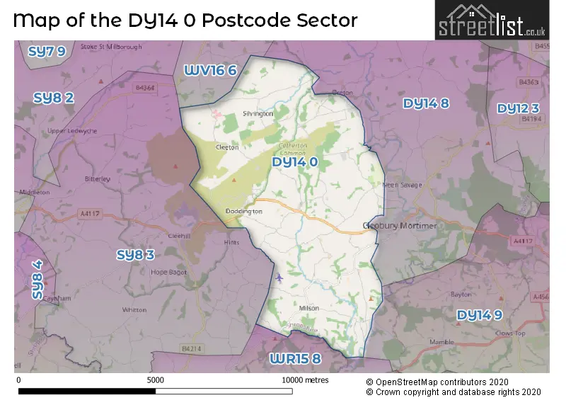 Map of the DY14 0 and surrounding postcode sector
