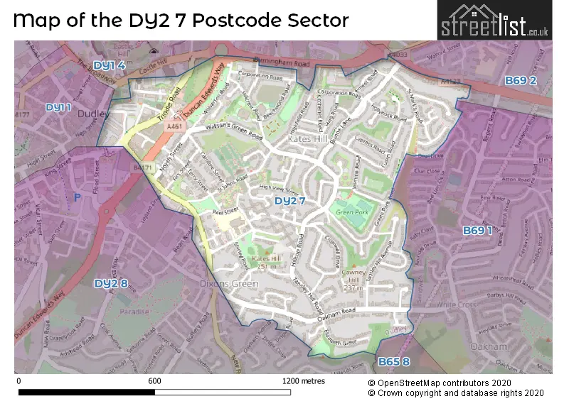 Map of the DY2 7 and surrounding postcode sector
