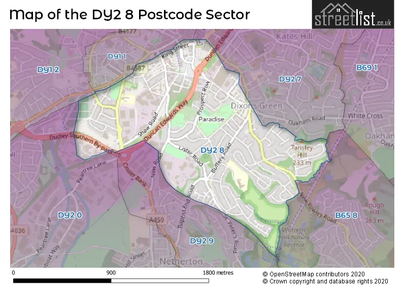 Map of the DY2 8 and surrounding postcode sector
