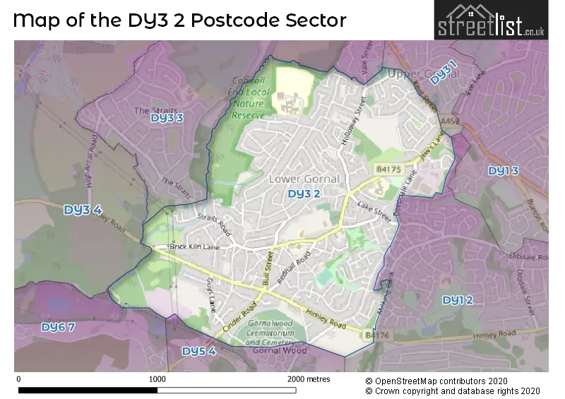 Map of the DY3 2 and surrounding postcode sector