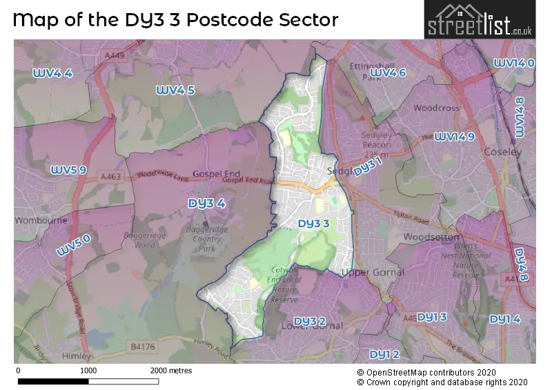 Map of the DY3 3 and surrounding postcode sector