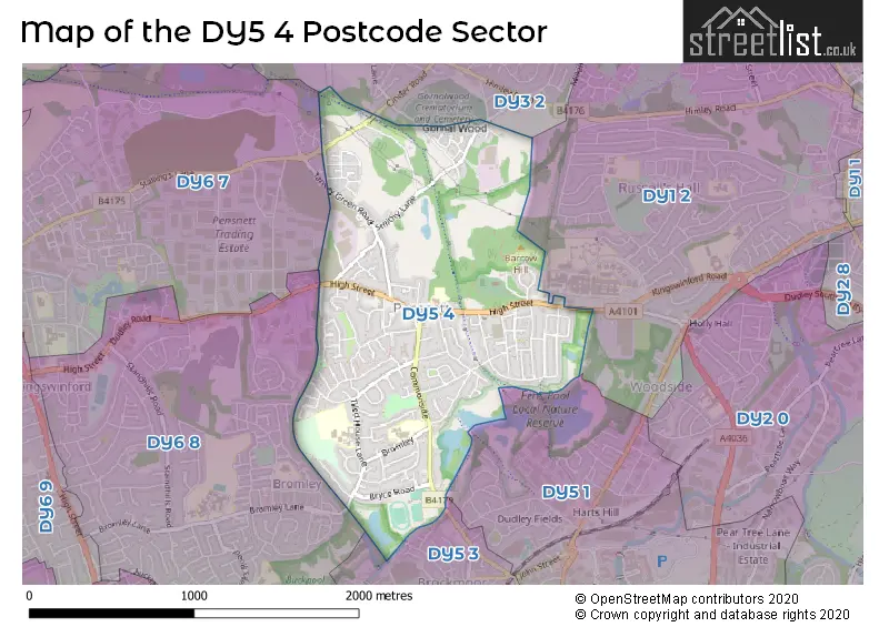 Map of the DY5 4 and surrounding postcode sector