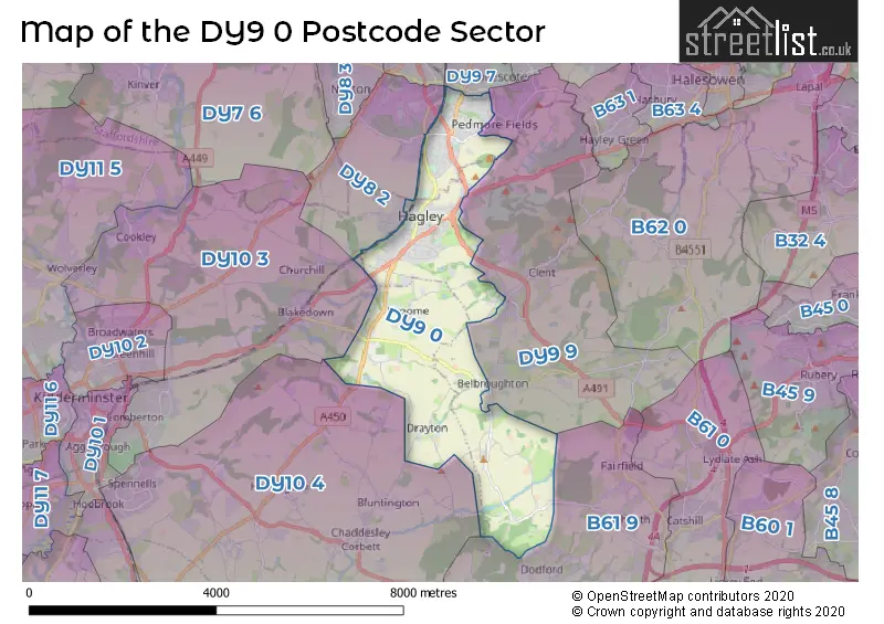 Map of the DY9 0 and surrounding postcode sector