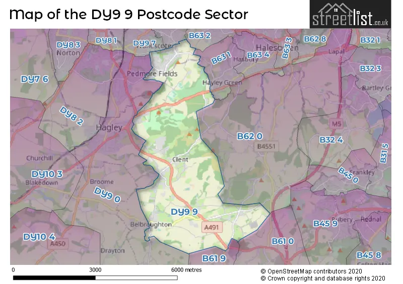 Map of the DY9 9 and surrounding postcode sector