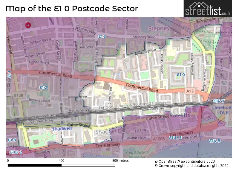 Map of the E1 0 and surrounding postcode sector