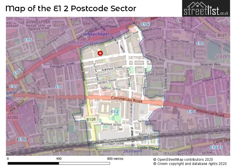 Map of the E1 2 and surrounding postcode sector