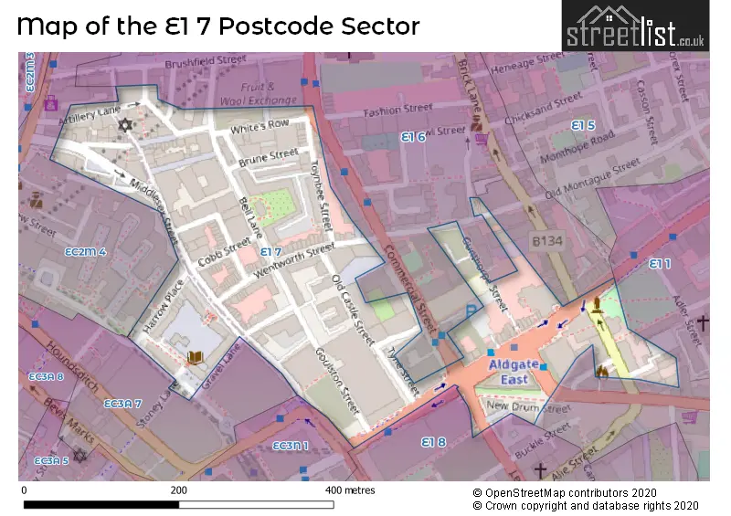 Map of the E1 7 and surrounding postcode sector
