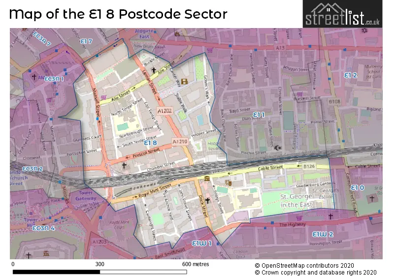 Map of the E1 8 and surrounding postcode sector