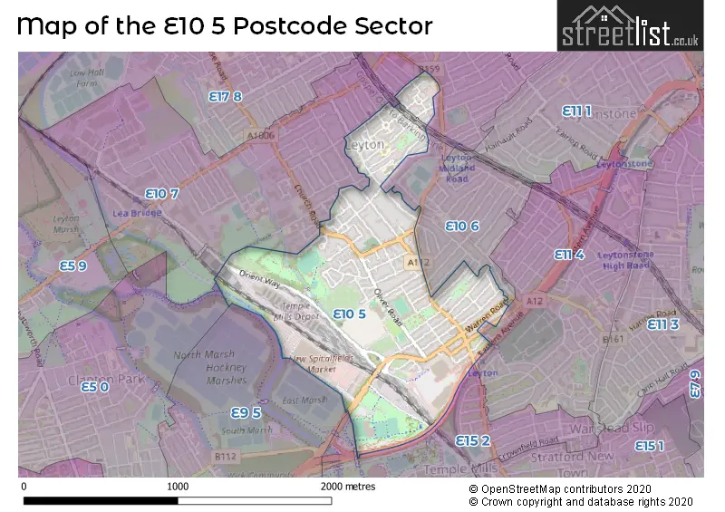 Map of the E10 5 and surrounding postcode sector