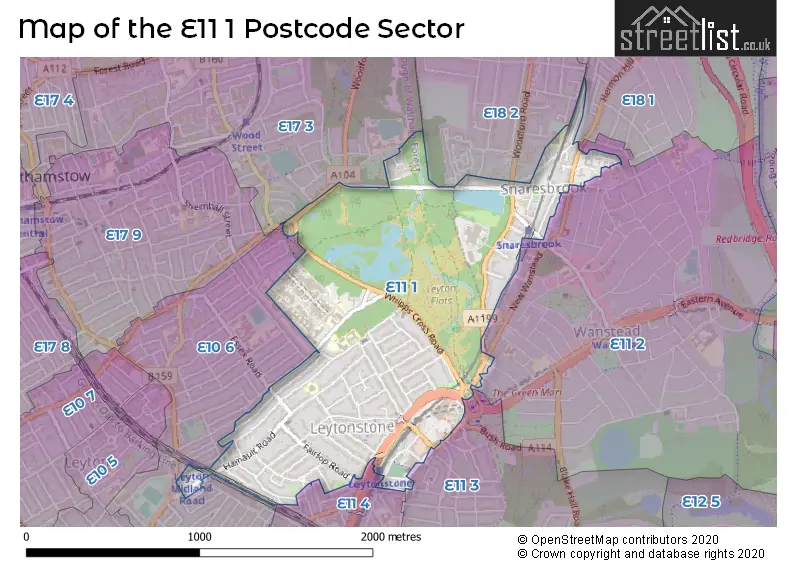 Map of the E11 1 and surrounding postcode sector