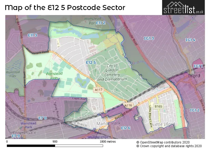 Map of the E12 5 and surrounding postcode sector
