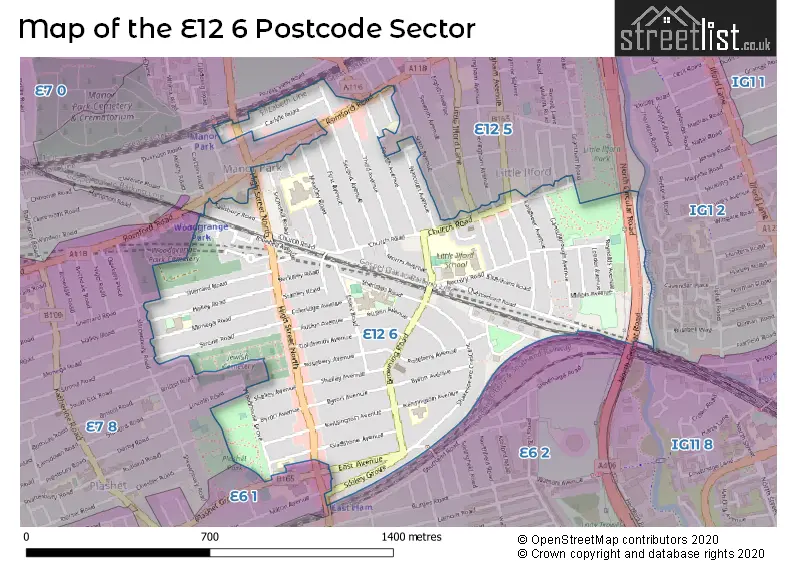 Map of the E12 6 and surrounding postcode sector