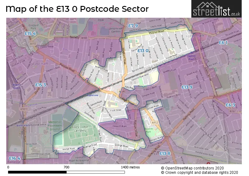 Map of the E13 0 and surrounding postcode sector
