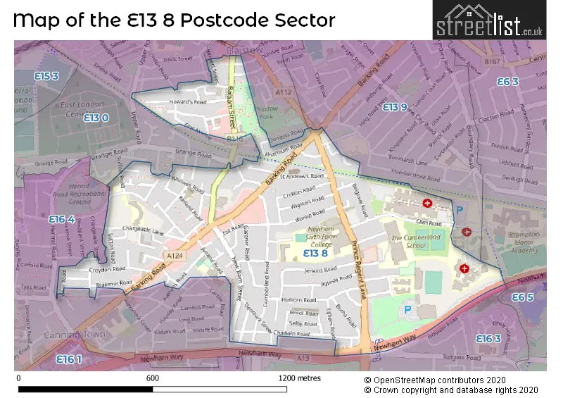 Map of the E13 8 and surrounding postcode sector
