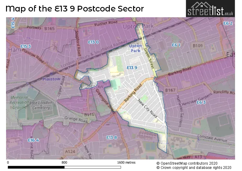 Map of the E13 9 and surrounding postcode sector