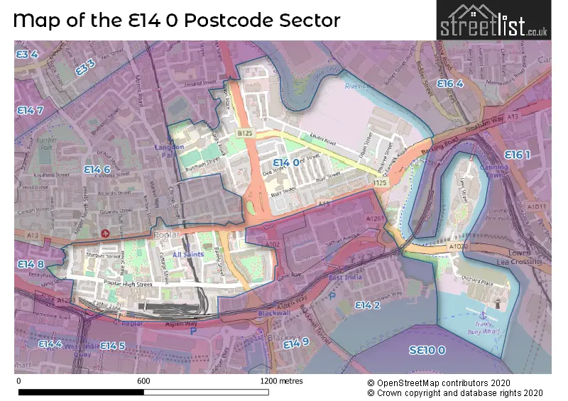 Map of the E14 0 and surrounding postcode sector
