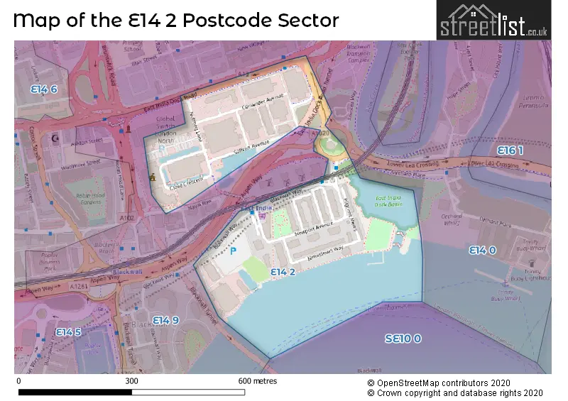 Map of the E14 2 and surrounding postcode sector