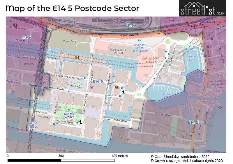 Map of the E14 5 and surrounding postcode sector
