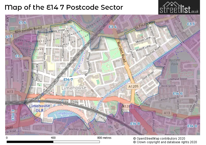 Map of the E14 7 and surrounding postcode sector