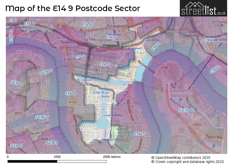 Map of the E14 9 and surrounding postcode sector
