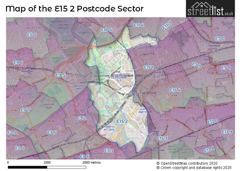 Map of the E15 2 and surrounding postcode sector