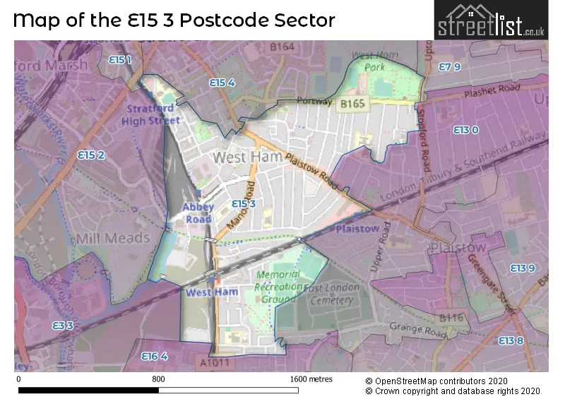 Map of the E15 3 and surrounding postcode sector