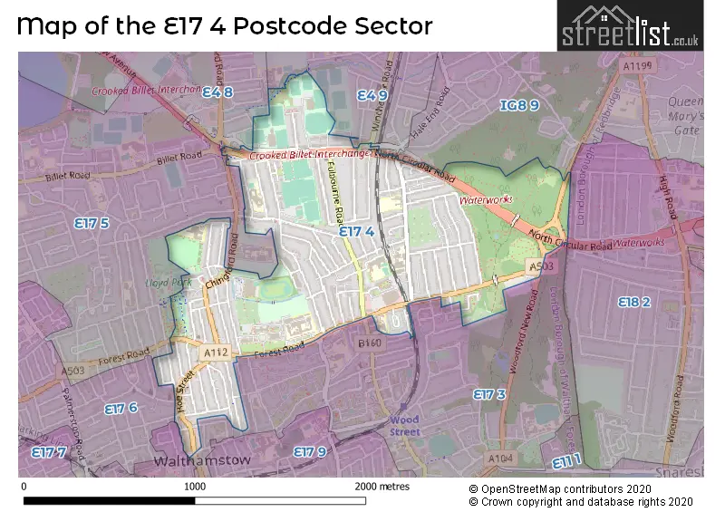 Map of the E17 4 and surrounding postcode sector
