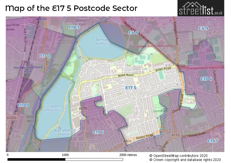 Map of the E17 5 and surrounding postcode sector