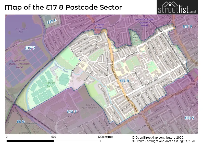 Map of the E17 8 and surrounding postcode sector