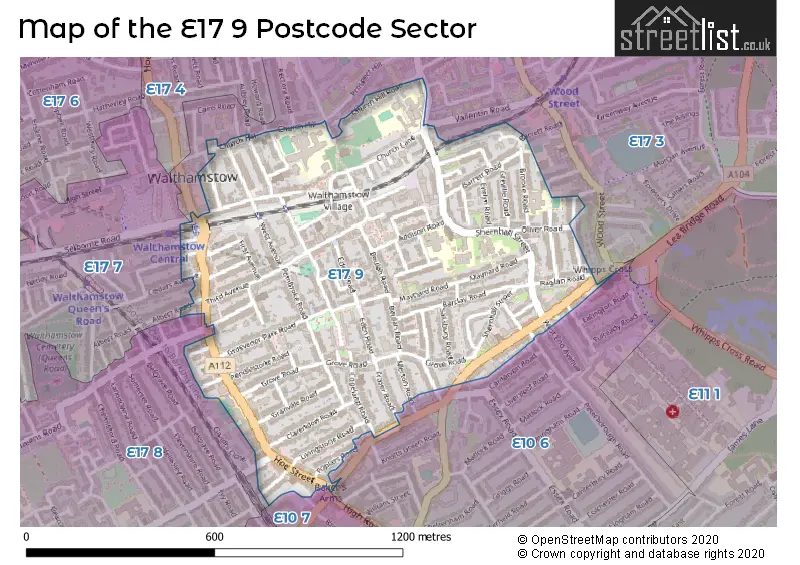 Map of the E17 9 and surrounding postcode sector