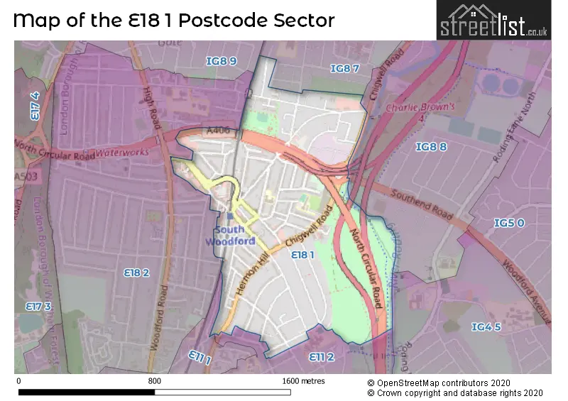 Map of the E18 1 and surrounding postcode sector