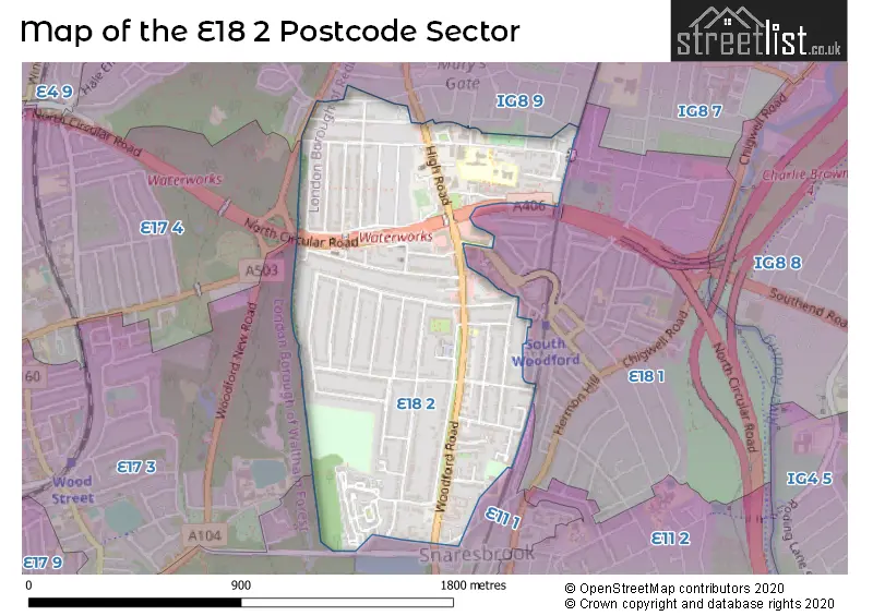 Map of the E18 2 and surrounding postcode sector