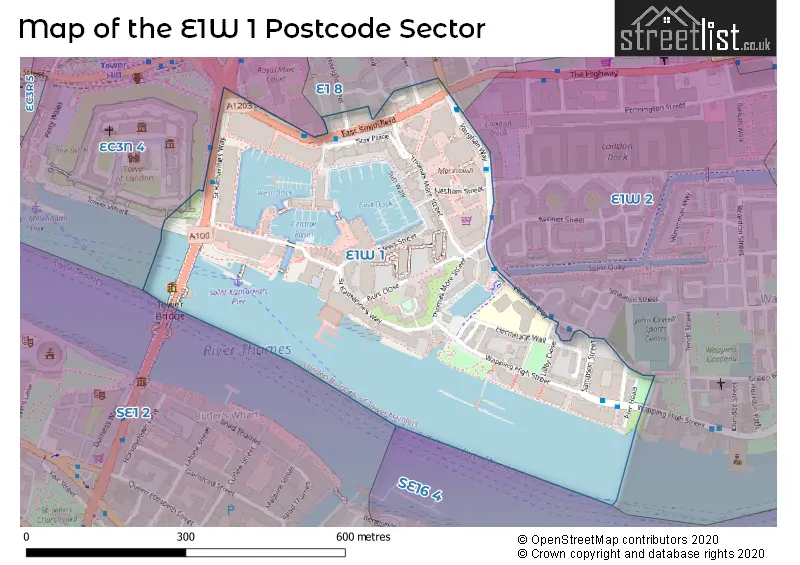 Map of the E1W 1 and surrounding postcode sector