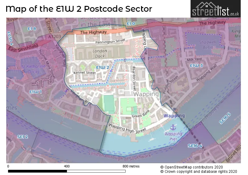Map of the E1W 2 and surrounding postcode sector