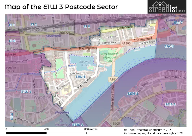 Map of the E1W 3 and surrounding postcode sector