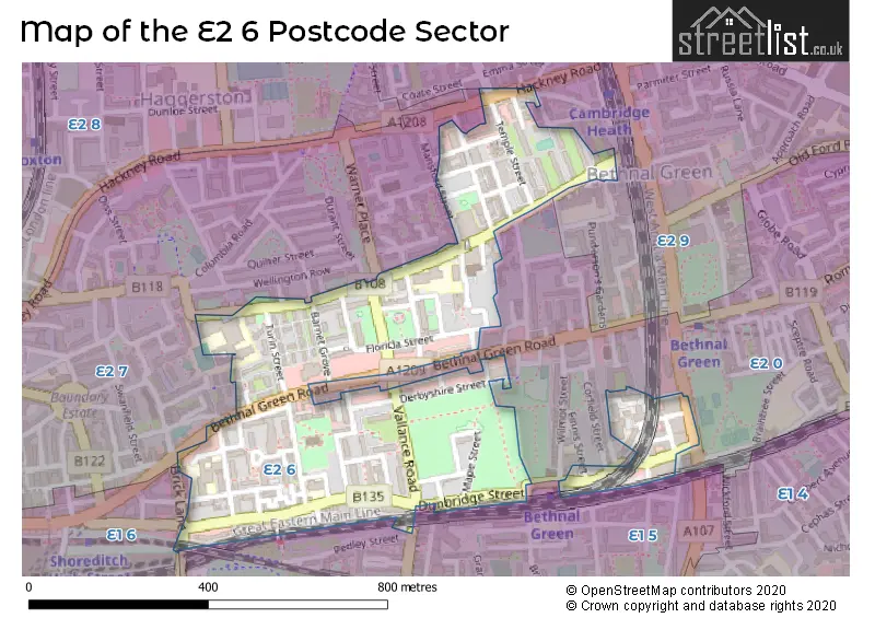 Map of the E2 6 and surrounding postcode sector