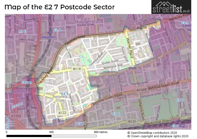 Map of the E2 7 and surrounding postcode sector