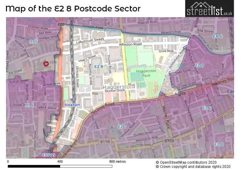 Map of the E2 8 and surrounding postcode sector