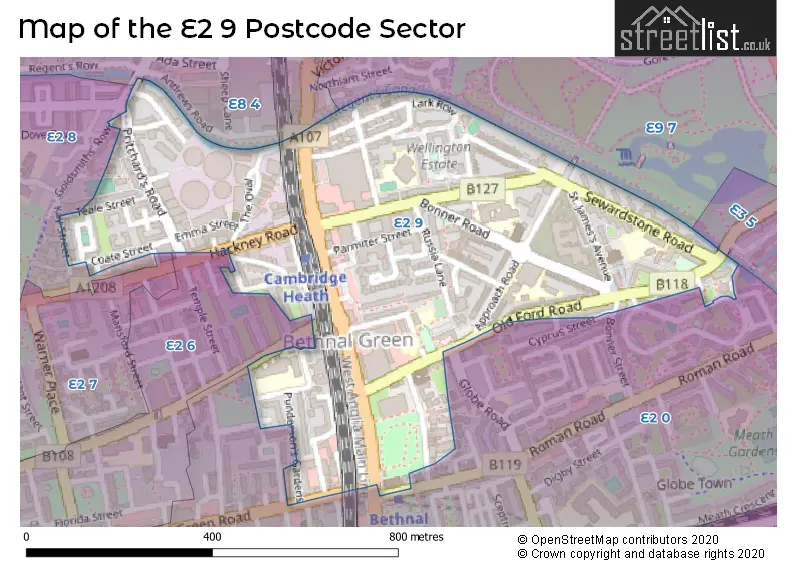 Map of the E2 9 and surrounding postcode sector